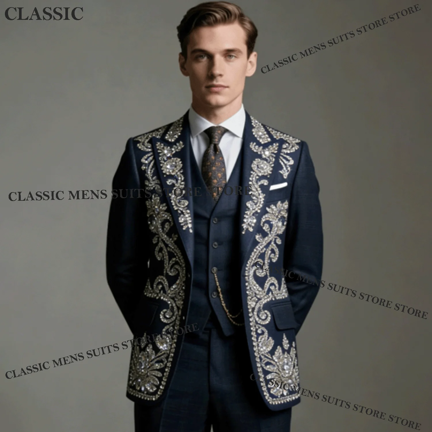 

Customized Handsome Rhinestone Men Suits Fashion Gem Wedding Ropa Blazer 3 Pieces Sets Male Prom Blazer Luxury Groom Tuxedos
