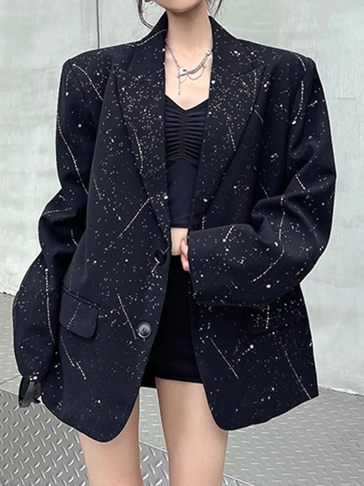 YERMORA Black Rhinestone Pocket Casual Blazer For Women Lapel Long Sleeve Loose New Jacket Fashion Tide Spring Autumn 2025