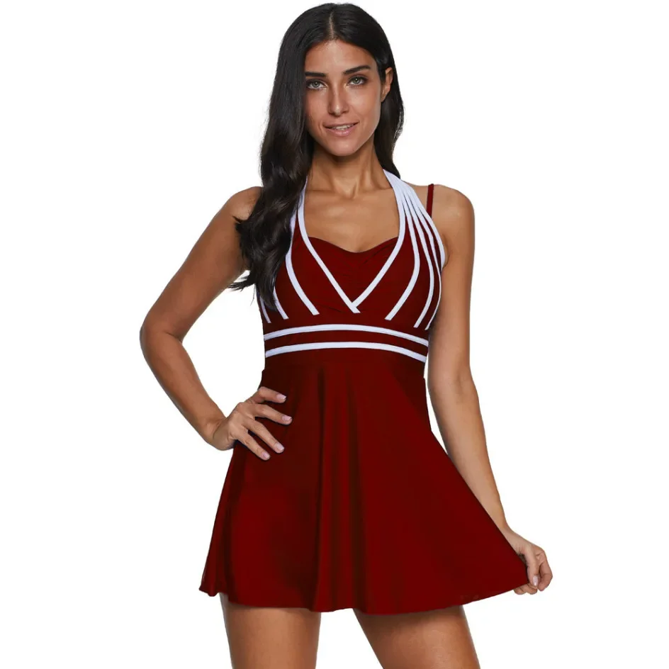 Plus Size Beach Dress 2023 Fashion Style Sexy Solid Color Stripes Multicolor Halter Skirt Type 4XL Swimsuit for Women