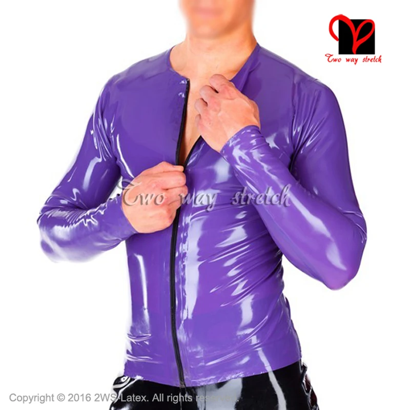 Sexy Latex Shirt With Zip Front  Rubber Clothes Clothings Round Collar Plus Size Pull On Top Tee Shrit Xxxl Sy-062