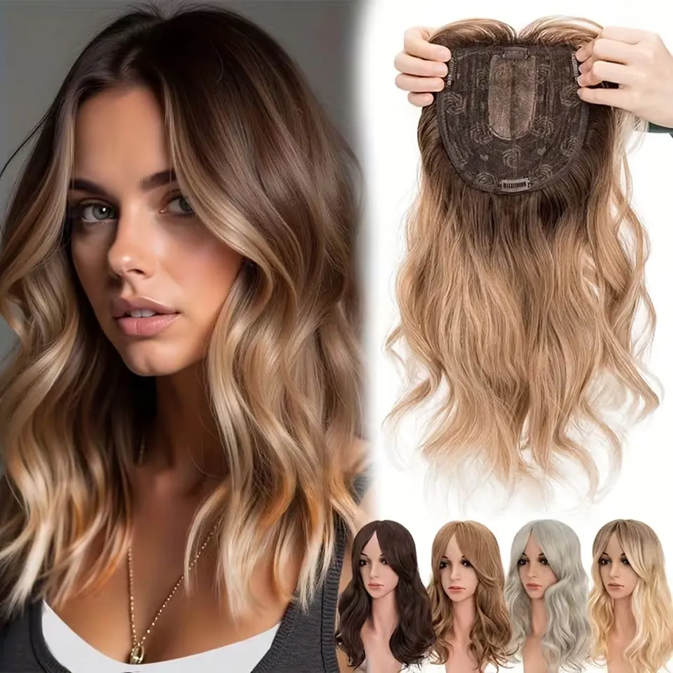 18-Inch Clip In Hair Topper with Bangs for Women Long Wavy Curls, Thick Wavy Synthetic Highlights Hairpiece for Thinning Hair