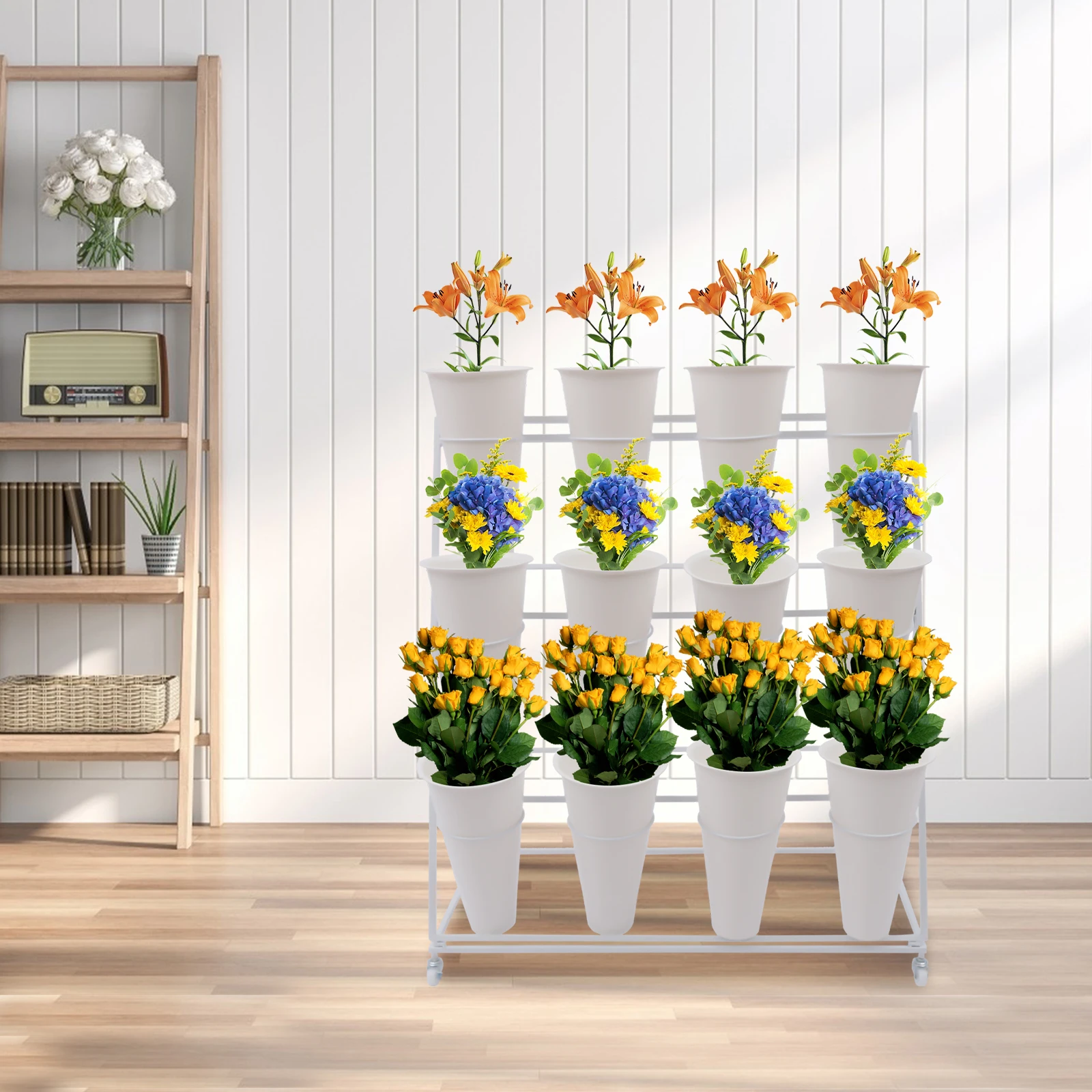 3 Layers Flower Display Stand Movable Modern Metal Plant Shelf with 12 Flower Buckets&Wheels Indoor Outdoor Flower Display Rack