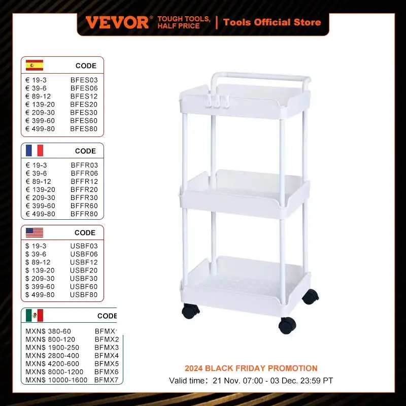 VEVOR 3-Tier Rolling Utility Cart Kitchen Cart with Lockable Wheels Multi-Functional Storage Trolley with Handle Movable White