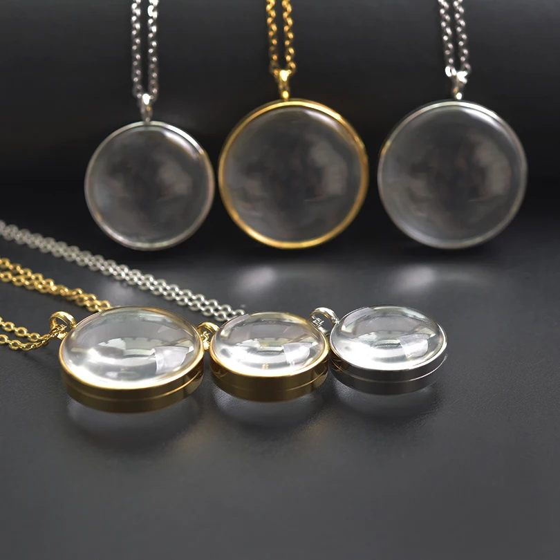 1Pc Stainless Steel Double Curved Glass Locket Pendant Necklaces For Women Round Coin Holder Relicario Chain Collares Jewelry