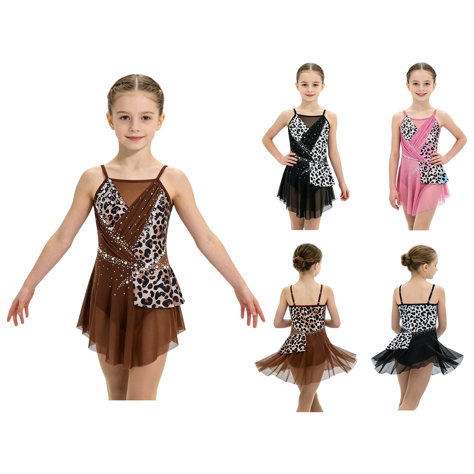 Ballett-Trikots für Mädchen, lyrisches Tanzkostüm, Leopardenmuster, mit Strasssteinen, Gymnastik-, Eiskunstlauf- und Tanzkleidung. – Detail 2