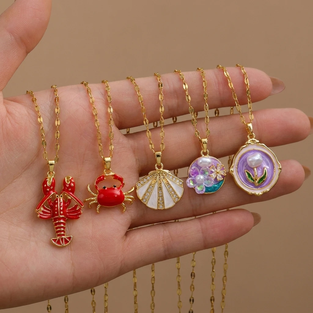 Stainless Steel Cute Colorful Shell Lobster Necklace Women's Trendy Design Choker Ideal Vacation Party Gift Accessory