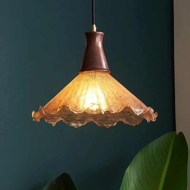 Vintage American Walnut Brass Chandelier with Cracked Glass Shade Retro Japanese Style Lighting Fixture for Bedroom