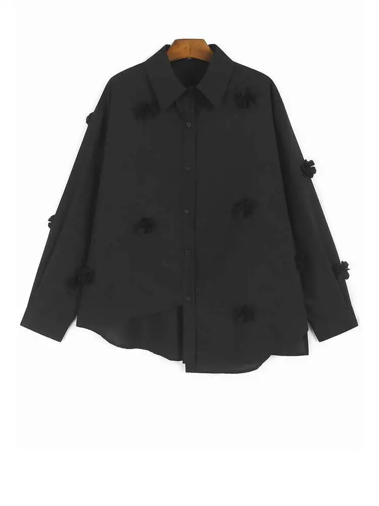 

Женская черная элегантная блузка большого размера с 3d цветами, новая рубашка с длинными рукавами и лацканами, модная весна-осень