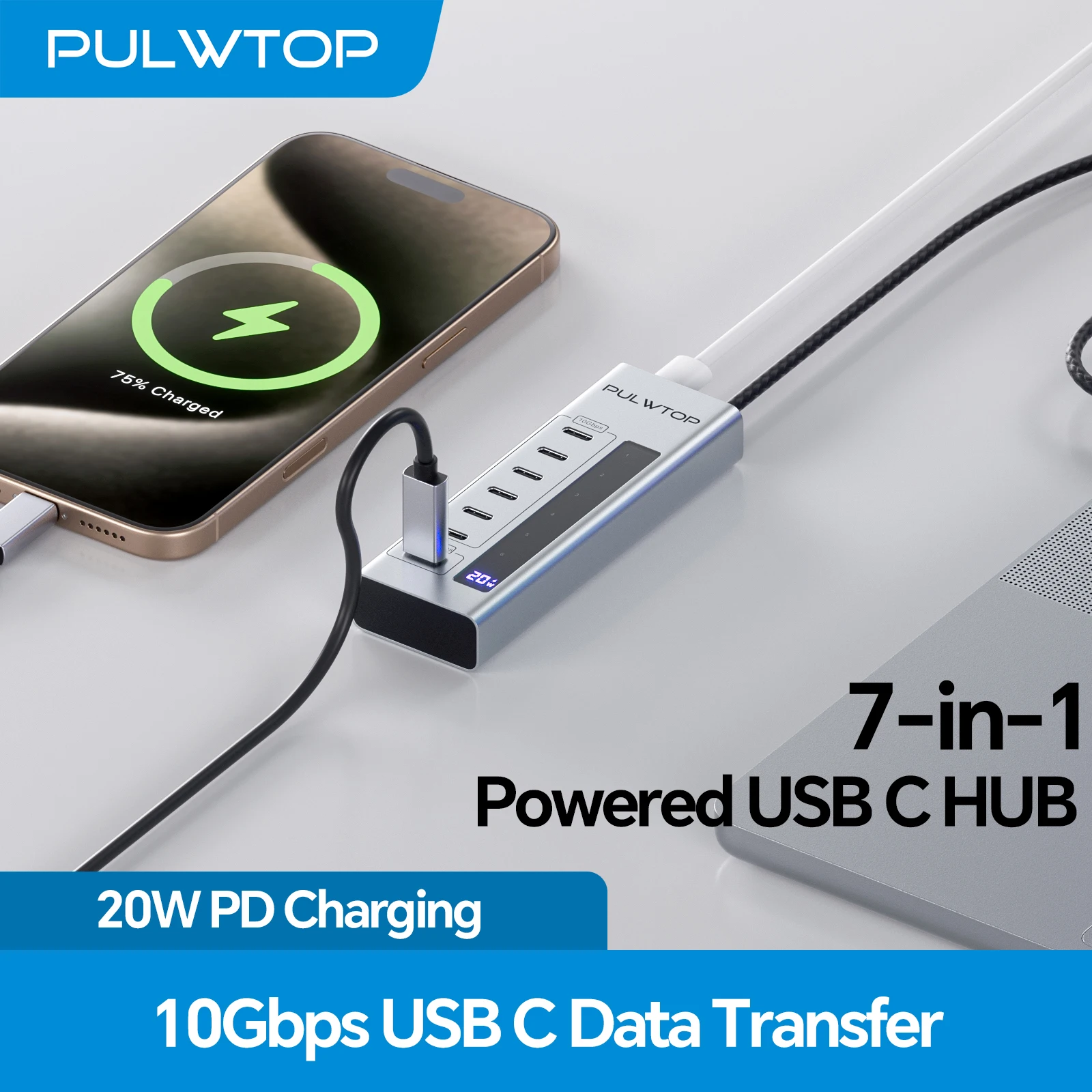 

PULWTOP USB C Hub 10Gbps, Powered USB Hub Support Data & Charging Only, with 35W PD Power Adapter, for MacBook, iMac, iPad, XPS
