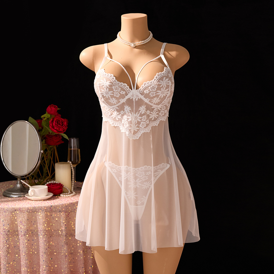 White sexy women's underwear: laceless panties with cutouts, sexy halter dresses, female erotic wear, naughty pajamas 