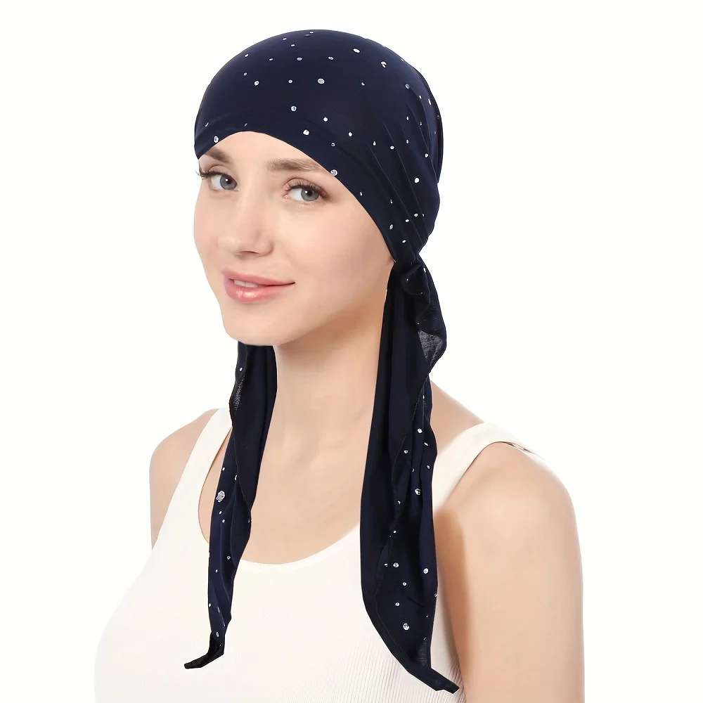 Rhinestone Decor Turban Hat Solid Color Elastic Head Wraps Casual Skull Cap Beanies Chemo Cap For Women