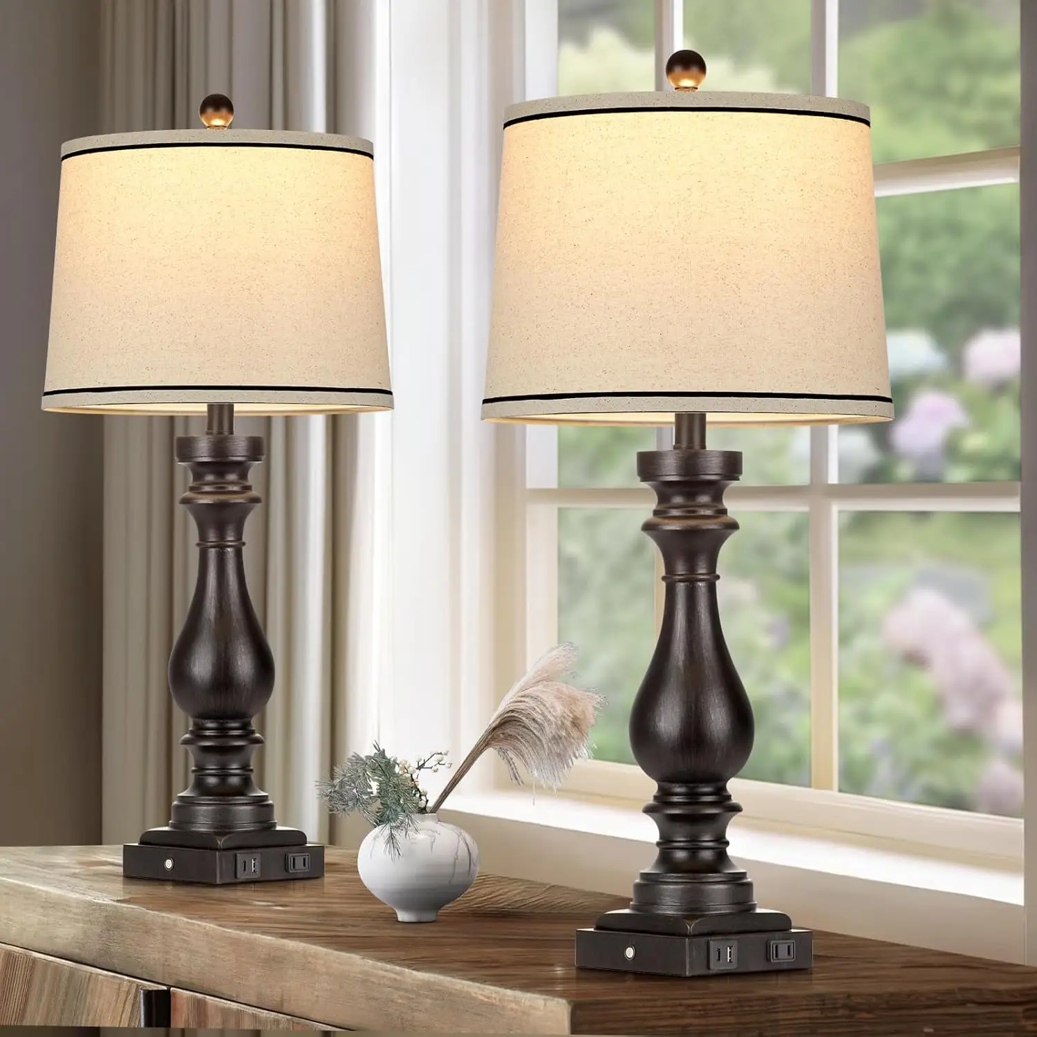 29' Tall Table Lamp Set of 2, Farmhouse Vintage Bedside Lamps with USB-C + A Ports & AC Outlet, 3-Way Dimmable Touch Control