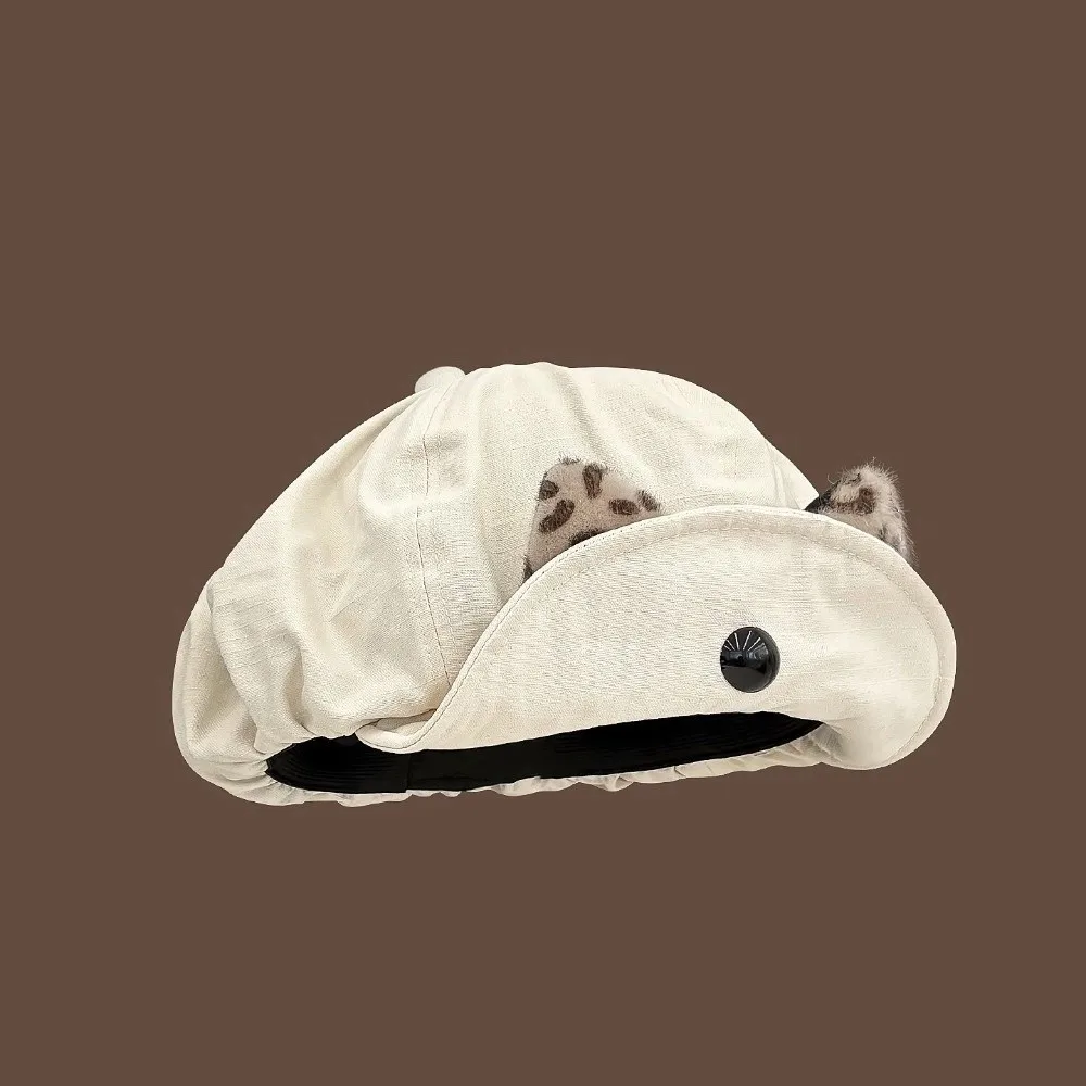 

Japanese Vintage Cat Ears Beret Leopard Y2k Painter Berets Versatile Flipped Brim Beanie Cap Female