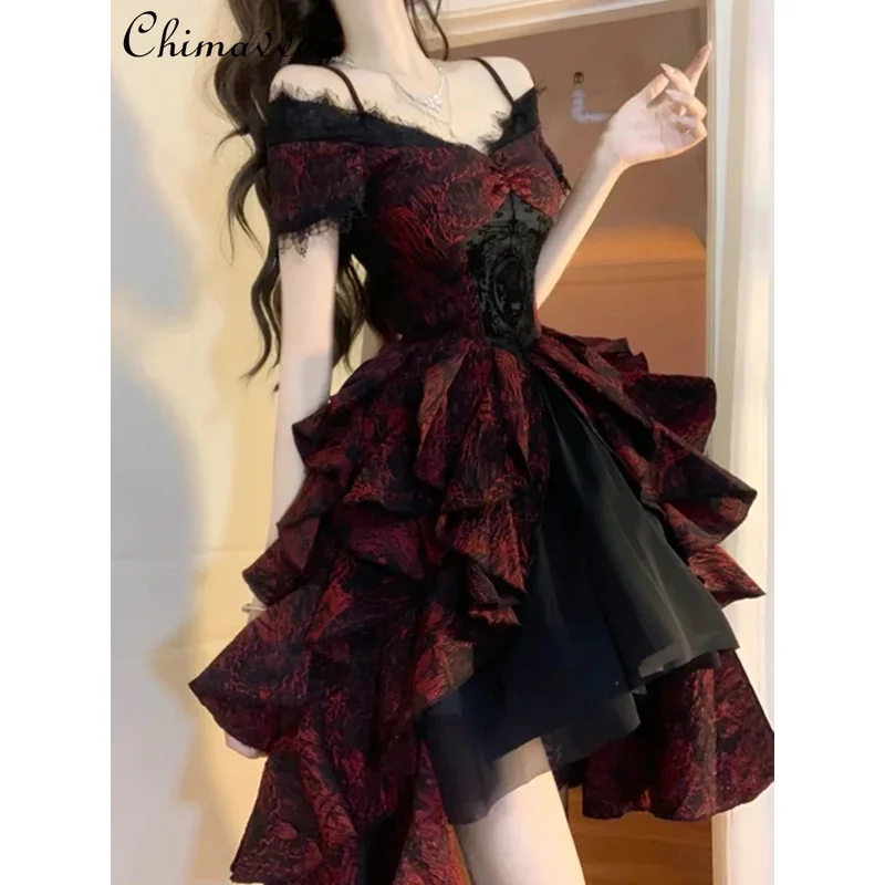 Gothic Lolita Black and Red Jacquard Wave Spring Summer New Heavy Light Luxury Off-shoulder Cosplay Fluffy Princess Dress yi;4