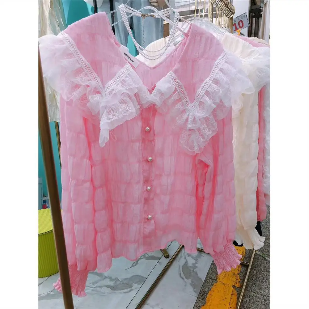 European Station 2024 Autumn New Lace Shawl Pleated Design Sweet Flare Sleeves Slimming Shirt for Women