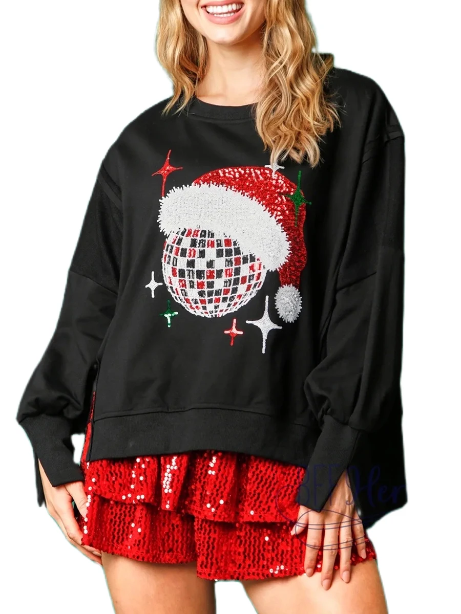 Women s Long Sleeve Sweatshirt Christmas Hat Ball Print Side Slit Drop Shoulders Casual Pullover Tops