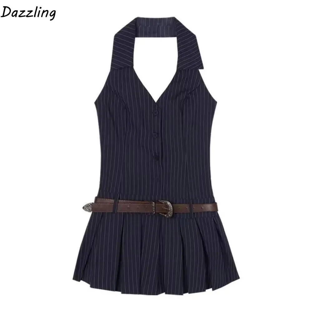 

Sweet Slim Fit Deep V Shirt Dress Pleated Sleeveless Women Short Skirt Spicy Girl Style Striped Halter Camisole Dress Beach