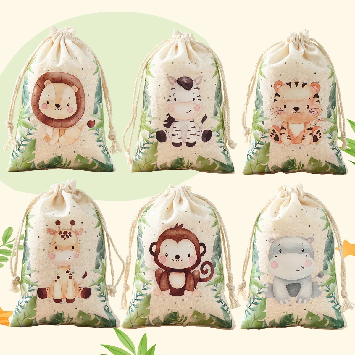 6pcs Jungle Animal Candy Bag coulisse festa di compleanno decorazioni per matrimoni bambini Wild One Party Decor Baby Shower Sack sacchetto di