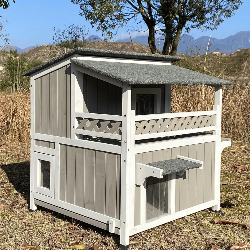 Feral Cat Shelter Outdoor Weatherproof-Two Story Wooden Cat House Outside Feral Cat House with Balcony Waterproof, Escape Doors