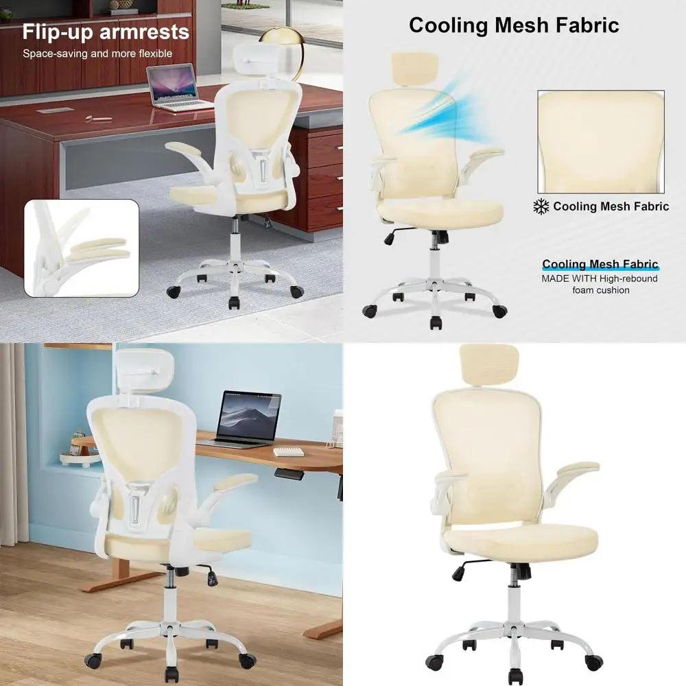 

Ergonomic High-Back Mesh Office Chair with Flip-Up Armrests, Headrest, and Rolling Wheels for Home Use in White & Beige