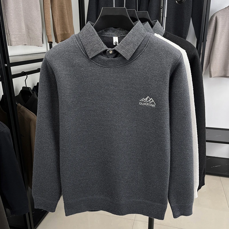 Suéter de punto de calidad de lujo para hombre, jersey con cuello redondo y estampado de terciopelo, jersey con cuello de camisa, Top informal versátil de tendencia para otoño e invierno