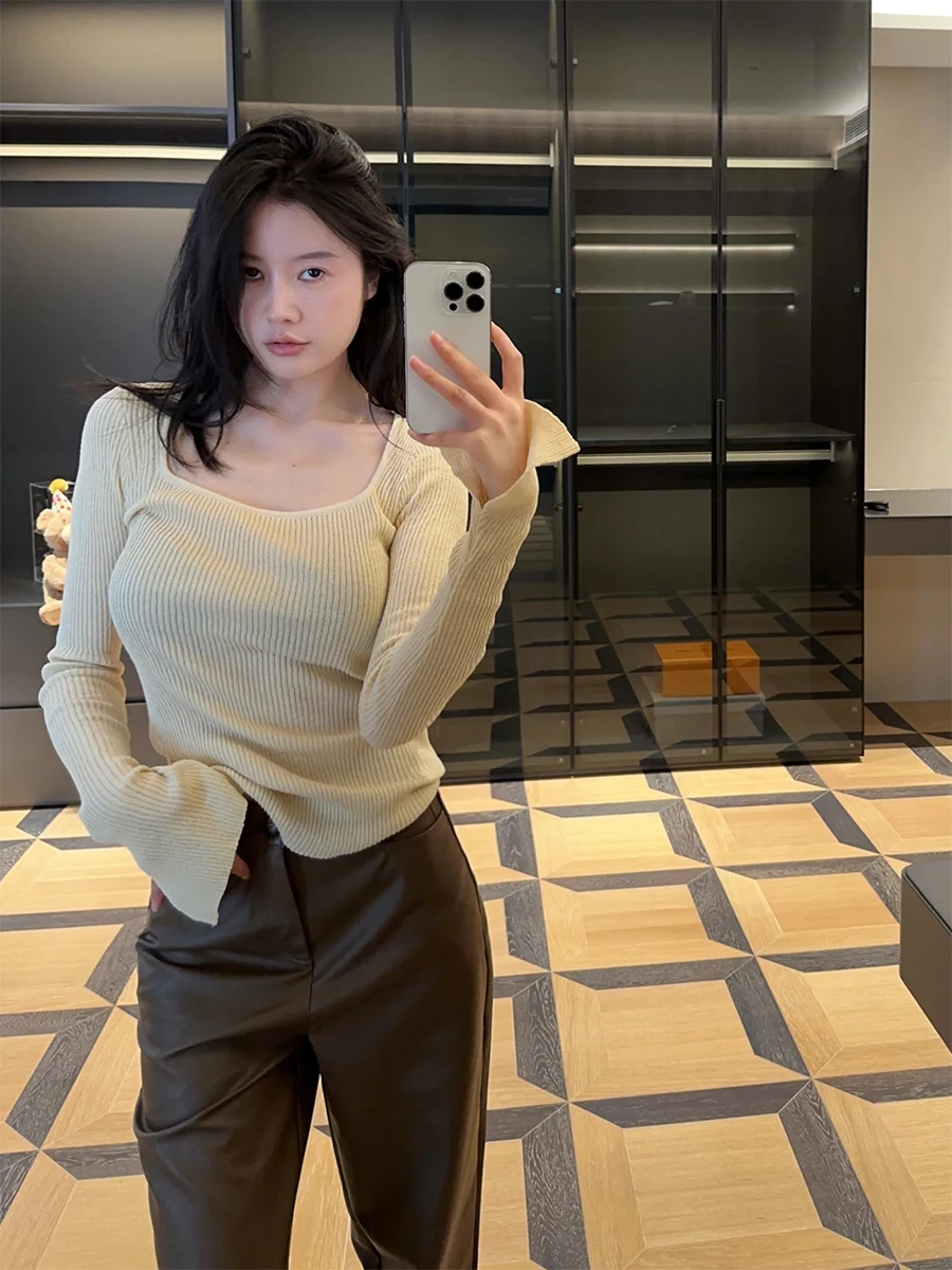 

Slim Fit Long Sve Knitwear Large Collar American Sle Women's Base Layer Top Matou Commute Sle Regular Thin Pure C...