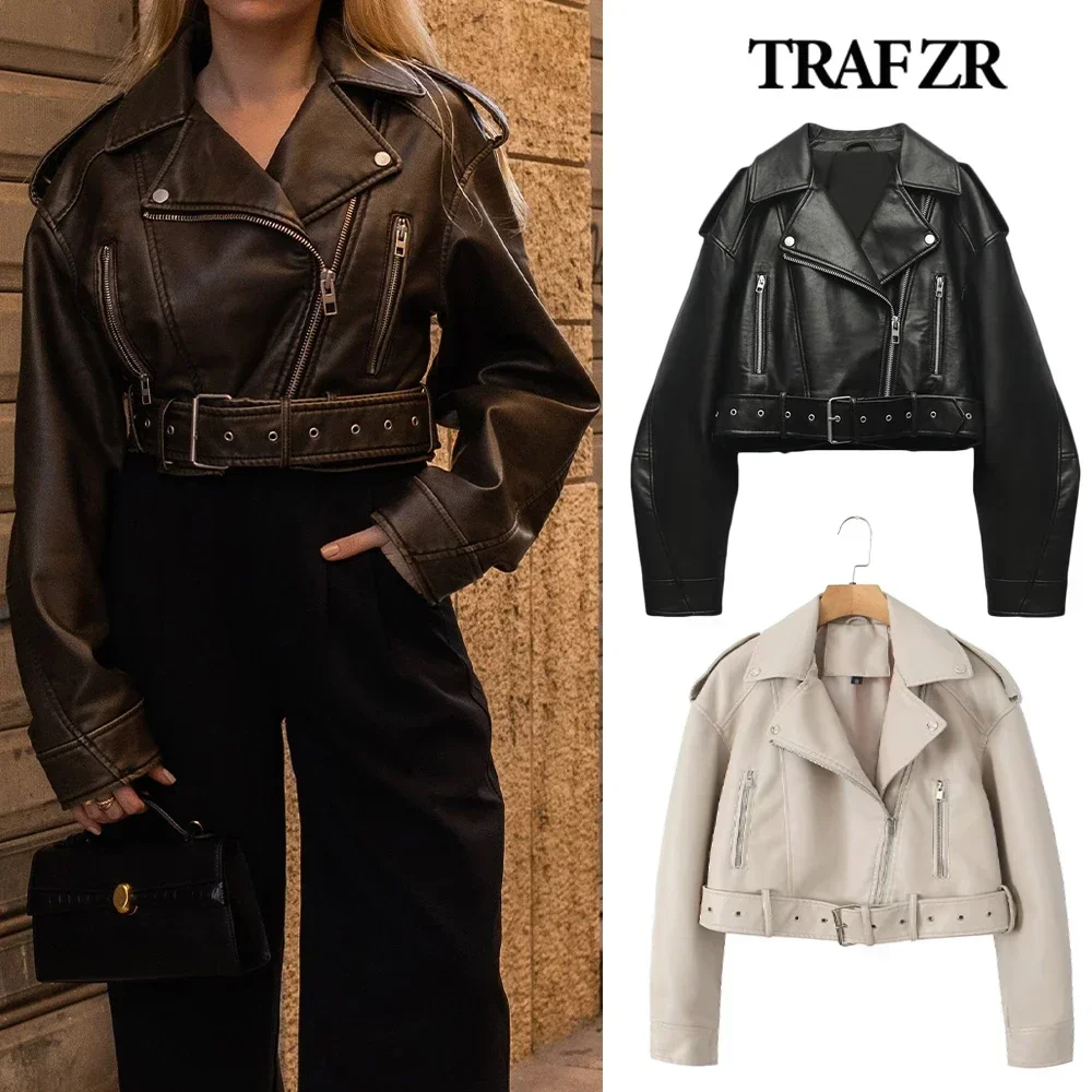 TRAF ZR-chaquetas clásicas de motociclista para mujer, abrigo de cuero sintético, cuello con solapas, chaquetas de piel sintética, cinturón con hebilla de Metal, Invierno