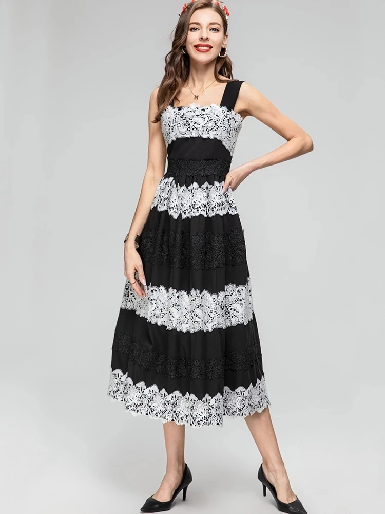 

Fashion Runway Dress Summer Women Spaghetti Strap Lace Patchwork Party Vacation Midi Vestidos High Street Expansion