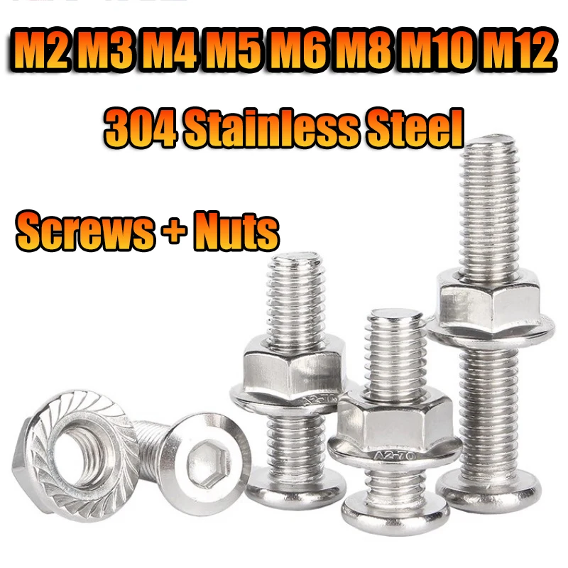 Stainless Steel Chamfered Hex Socket Screws with Flange Nut Assortment Kit M3~M12 Allen Beveled Edge Furniture Connecting Bolts