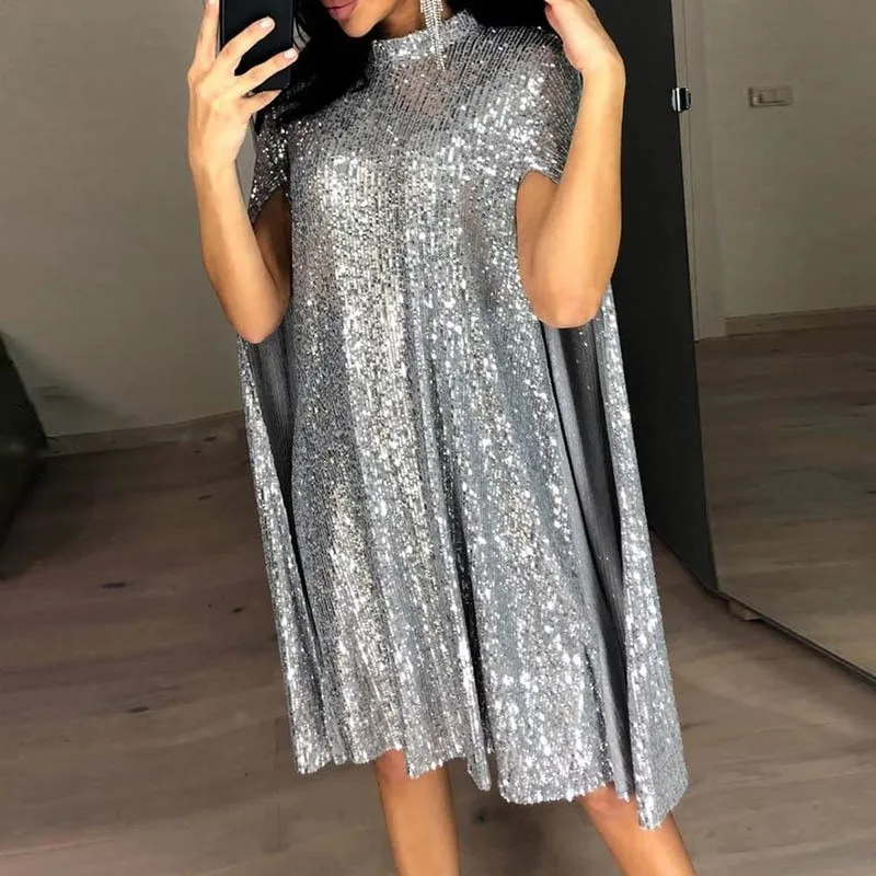 Sequin Sequined Dress Straight Cut Elegant and Refined with Round Neck Midi Length High Waist Pullover Dresses for Women
