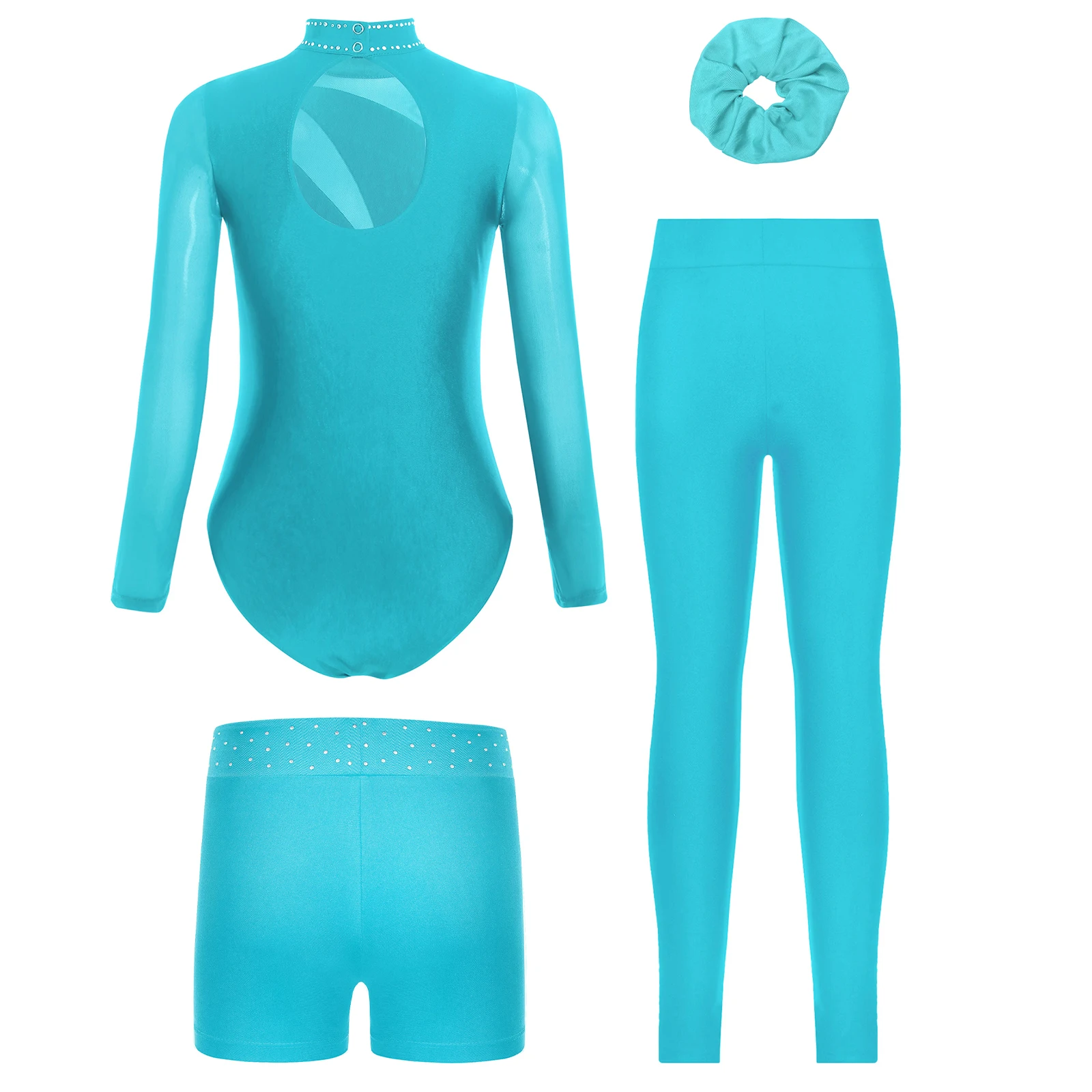 Girls 4Pcs Ballet Dance Sets Kids Rhythmic Gymnastics Figure Skating Performance Costume Long Sleeve Rhinestone Dancewear Sets