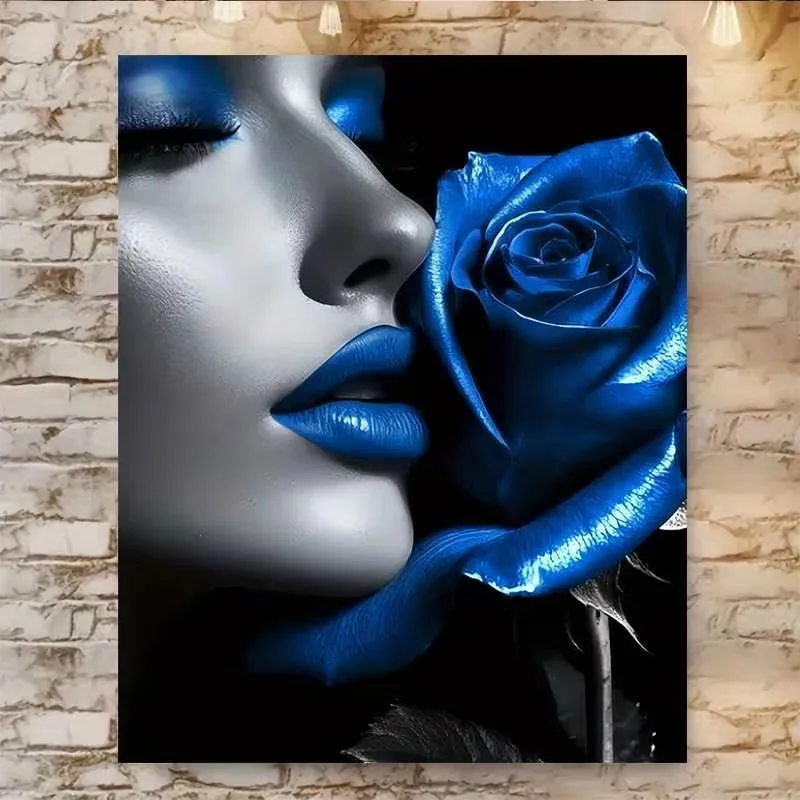 

1pc Woman with Blue Rose Frameless Canvas Wall Art - Elegant Female Portrait Painting, Modern Minimalist Blue Rose Artwor