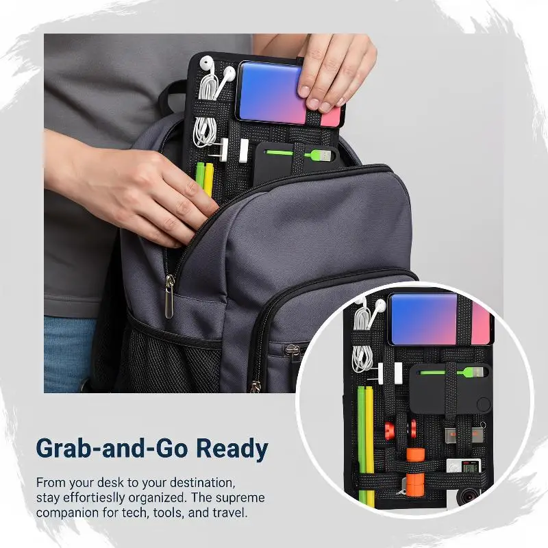 Portable Elastic Band Organizer Board with Zipper Pocket Multiple Stretch Straps for Travel Cord Accessory Storage