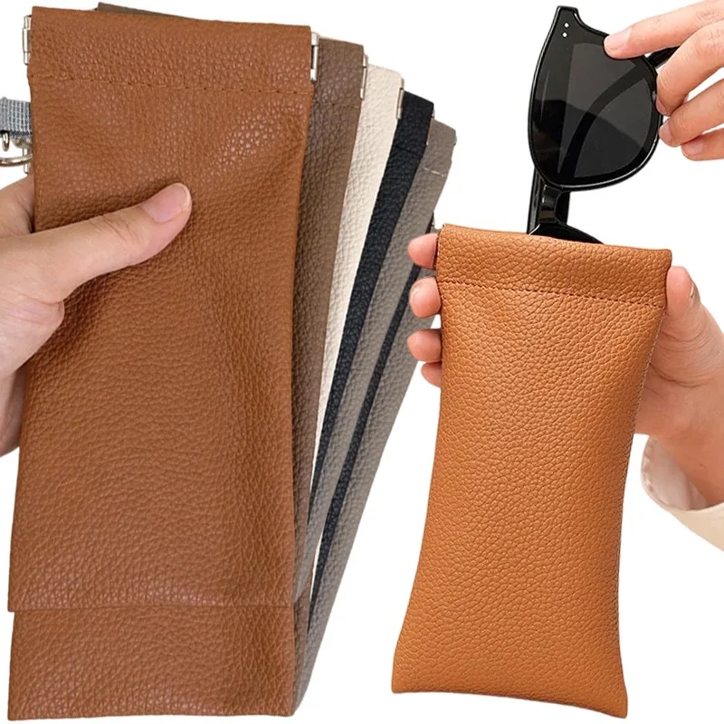 Automatic Closing Sunglasses Pouch PU Leather Glasses Storage Bag with Keychain Portable Soft Eye Wear Case Self Closing Squeeze