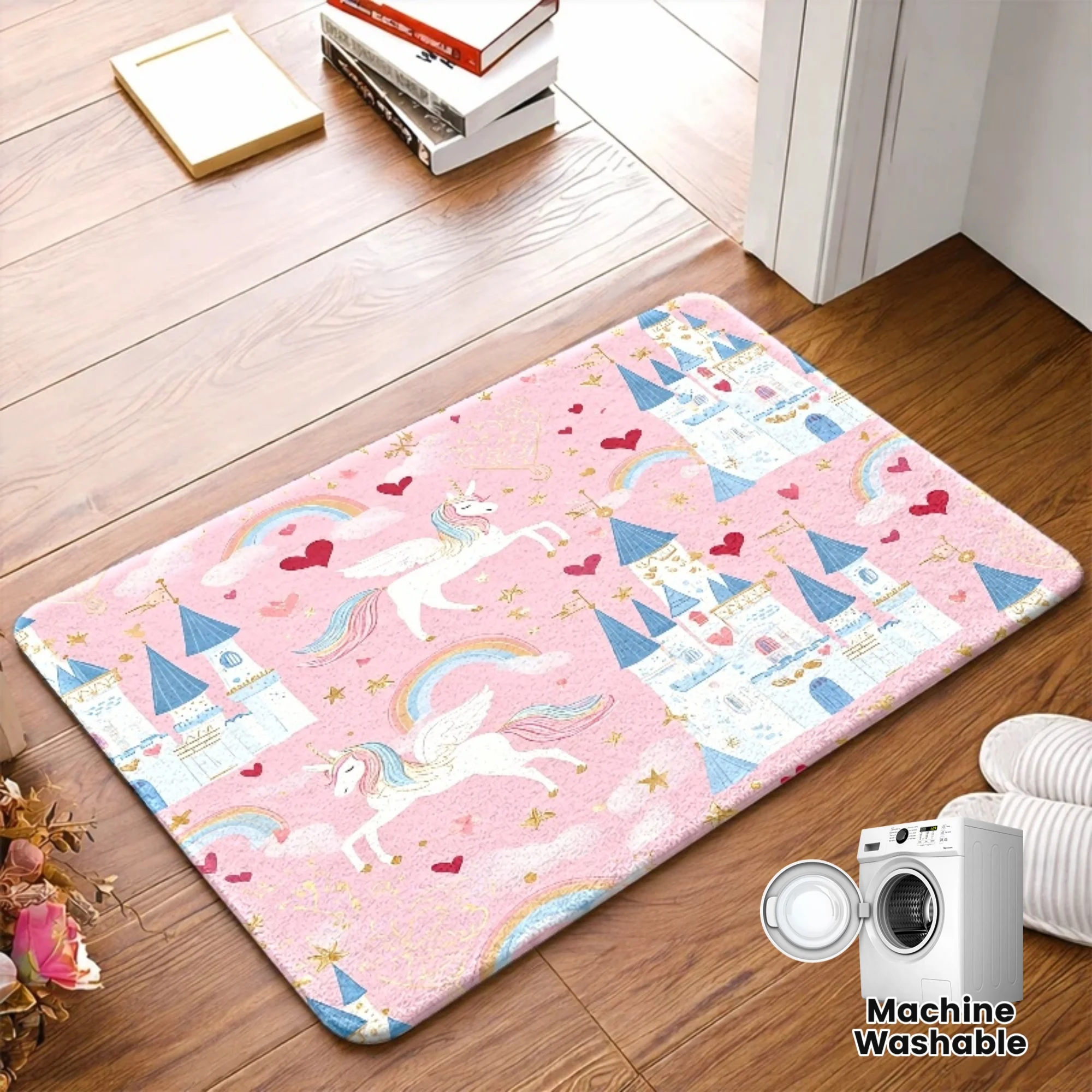 1pc, Cute Unicorn Castle Polyester Floor Mat, Non-Slip Rubber Base, Durable And, Machine Washable, Universal Entrance Mat, Sui