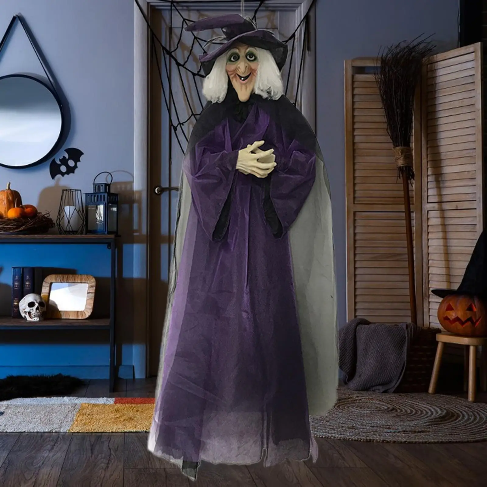 Halloween Talking Witch Height 180cm Sturdy Sound Activated Touch Activated Versatile Creep Prop Spooky Sounds for Spooky Events