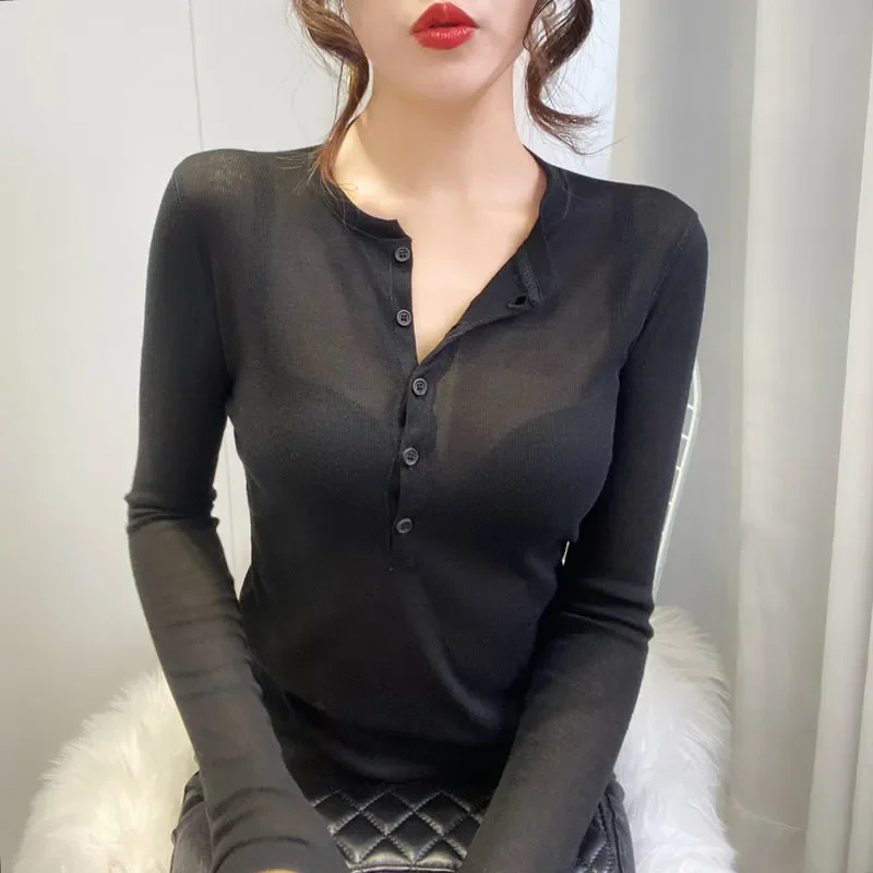 T-shirt Women's Long-sleeved Slim Thin Bottoming Shirt Autumn and Winter Versatile Fashion Sexy Button Top