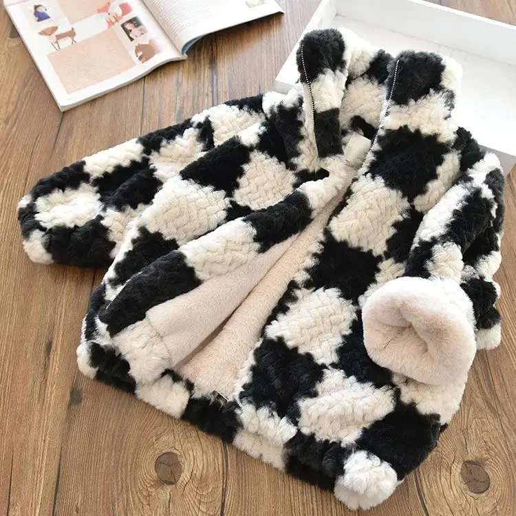 

2023 Winter Girls Boys for 2-12 Years Fashion Faux Fur Thick Warm Keep Checkerboard Coat Baby Kids Children Hooded Jacket V19