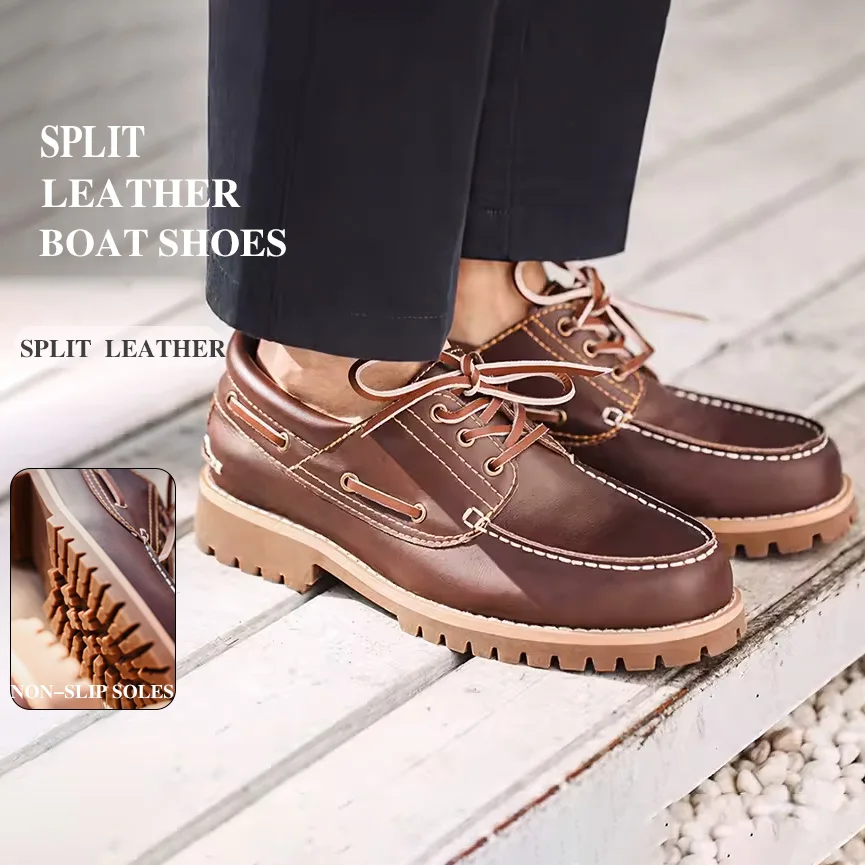 Maden Men's Vintage Boat Shoes Lace-up Round Toe Derby Shoes Low Top Boots British Style Classic Work Dress Shoes
