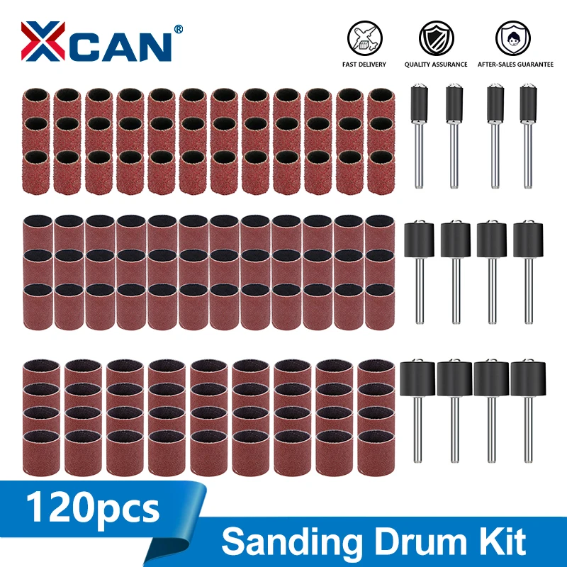 XCAN 120pcs Sanding Drum Set #60 #80 #120 #320 Grit Sanding Band with 1/8'' Sand Mandrels for Dremel Rotary Tool