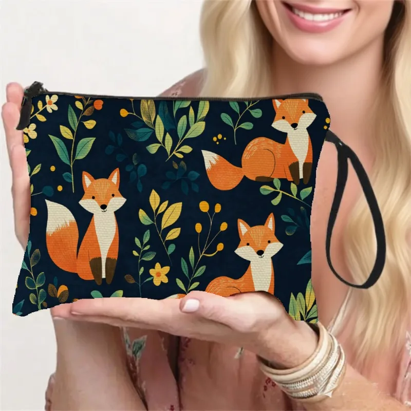 Fox Print Zippered Bag with Wrist Strap - Lightweight Suitable for Travel & Daily Use, Navy Blue Fox Pattern Makeup Pouch & Toil