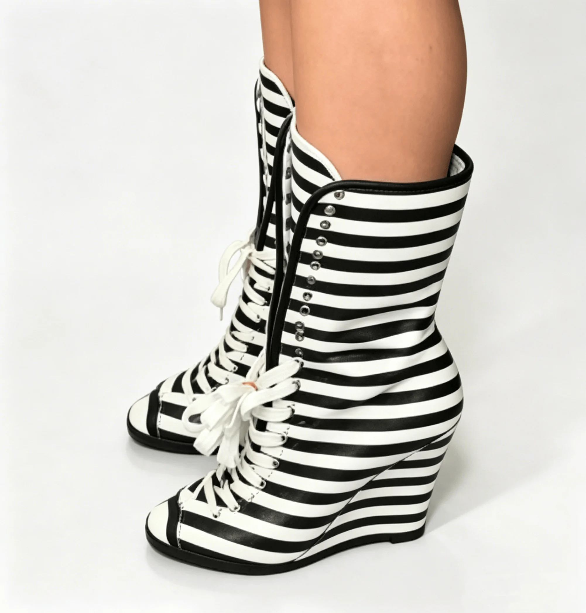 Stylish Luxury Brand Striped Wedges Mid-Calf Boots Lace Up Peep Toe Sewing Vintage Cross Straps Women Autumn Party Short Booties