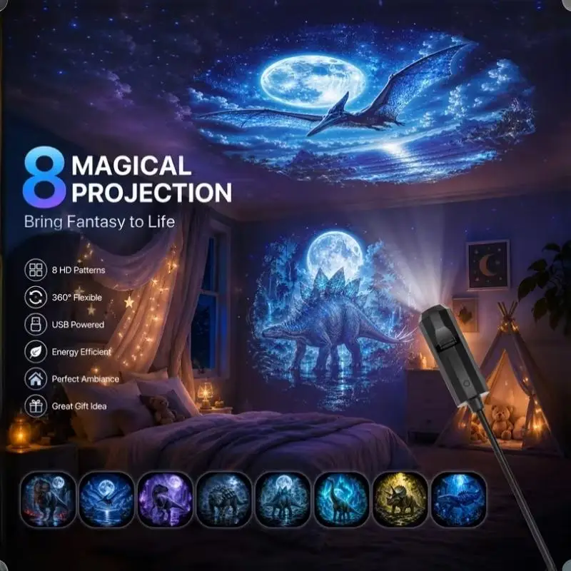 USB Dinosaur Projection Night Light 360 Degree Rotatable Lamp for Bedroom Ceiling Ambience Home Ornament