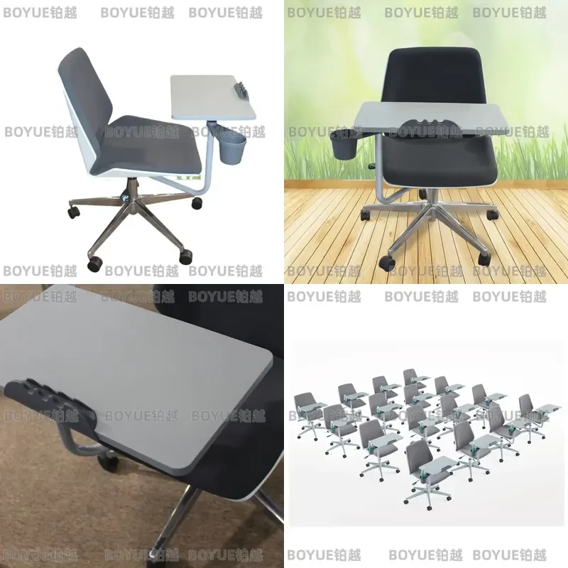 Mobile Training Chair with Writing Tablet and Cup Holder Swivel Student Lecture Seat Integrated Desk for Classroom Office Use