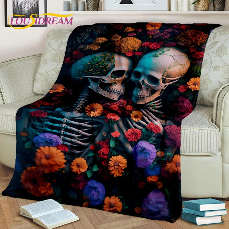 Horrible Cartoon Skull Flower Gothic Blanket,Soft Throw Blanket for Home Bedroom Bed Sofa Picnic Travel Office Cover Blanket Kid