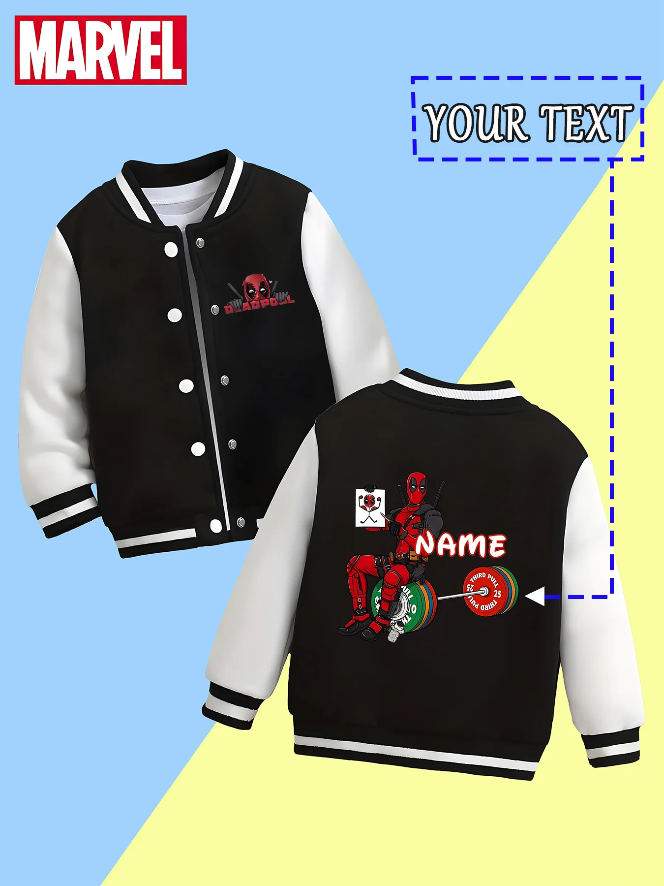 

MINISO Marvel Boys Baseball Jacket - Deadpool funny weightlifting print, wear-resistant and durable, suitable for daily school a