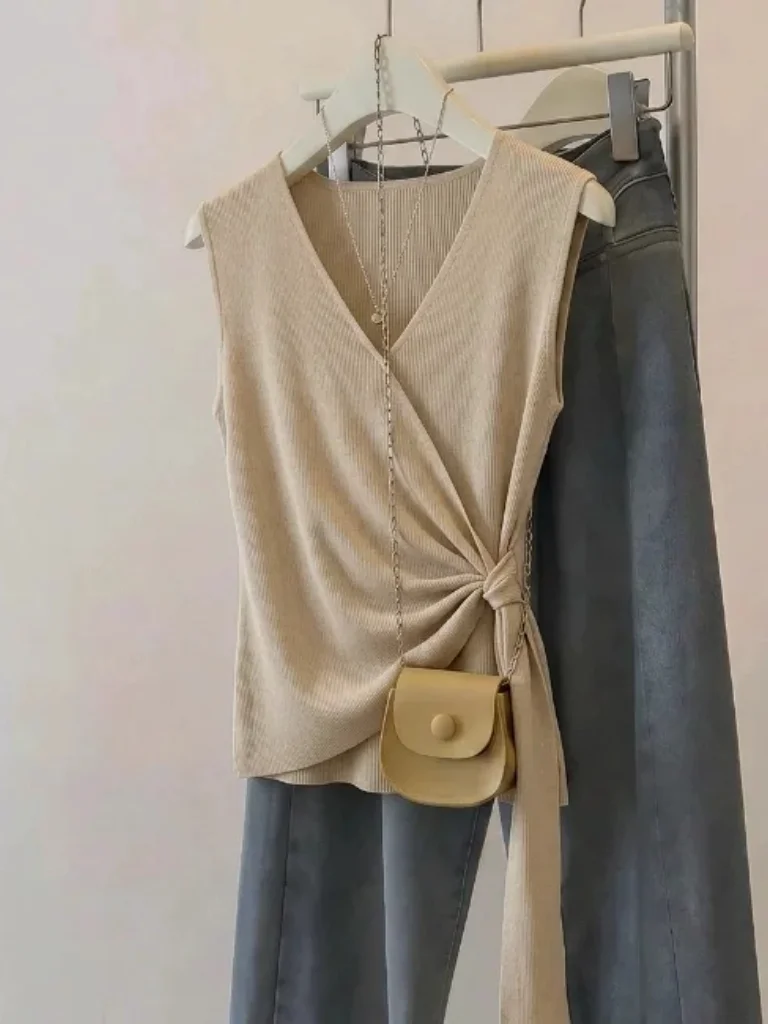 Slim Fit Knitted V-Neck Vest Women's Summer New Style plus Size Belted Waist Control Sleeveless Top Korean Style Commute Fashion
