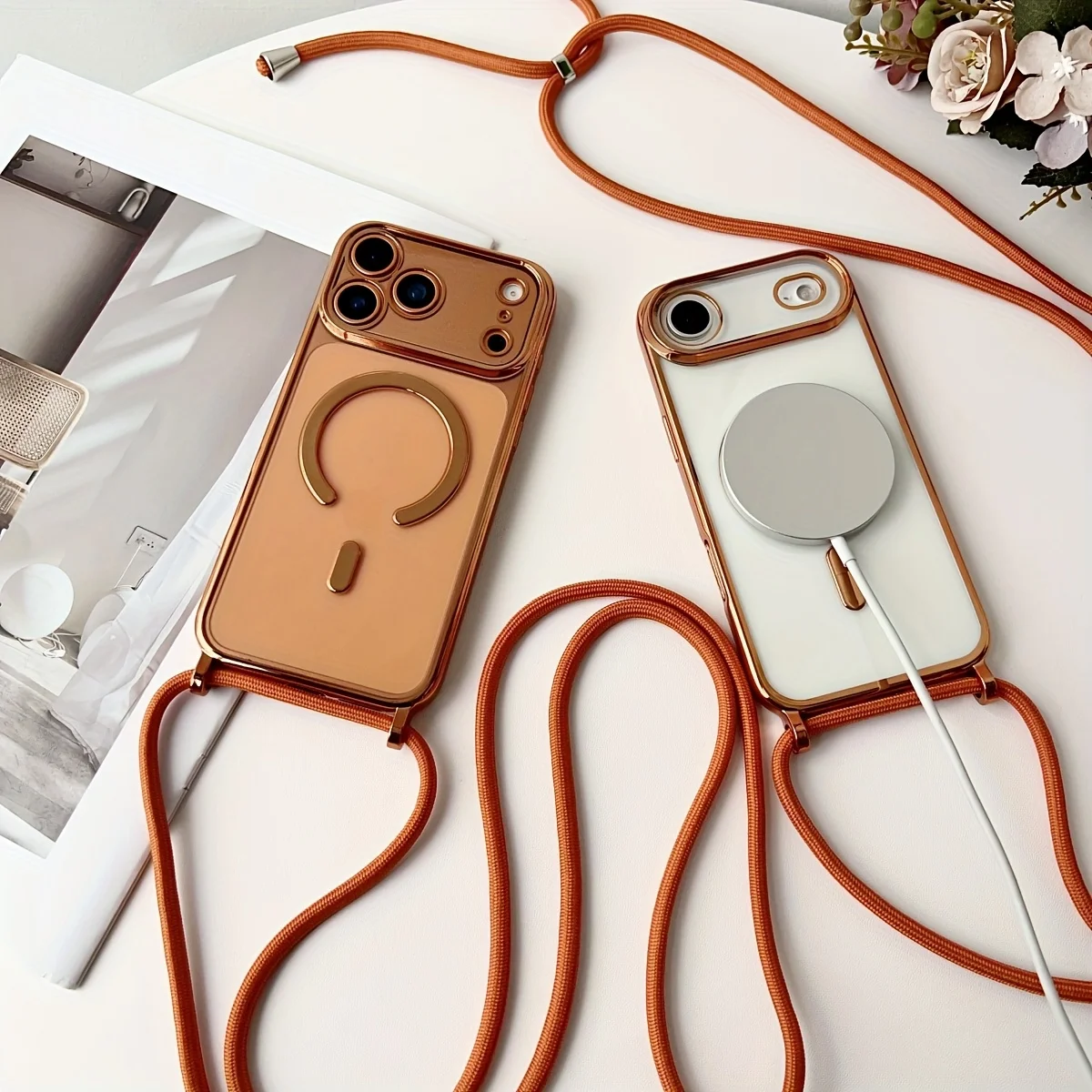 Luxury Necklace Cord Rope Lanyard Plating Magnetic Clear Phone Case For iPhone 17 16 14 12 13 15 Pro Max Air For Magsafe Cover