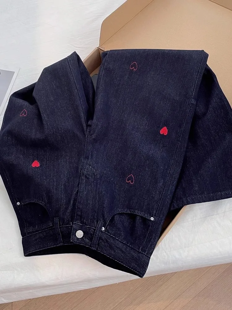 Celana Jeans Wanita Model Kaki Lebar Pinggang Tinggi Bordir Tebal Desain Retro Serbaguna Musim Semi Gugur, Efek Langsing