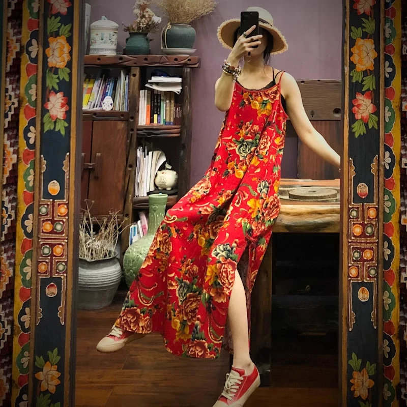 Summer New Sle Loose Cotton Linen Strap Dr Women's Ethnic Loose plus Size Slimming Base Layer Floral Print Long Dr